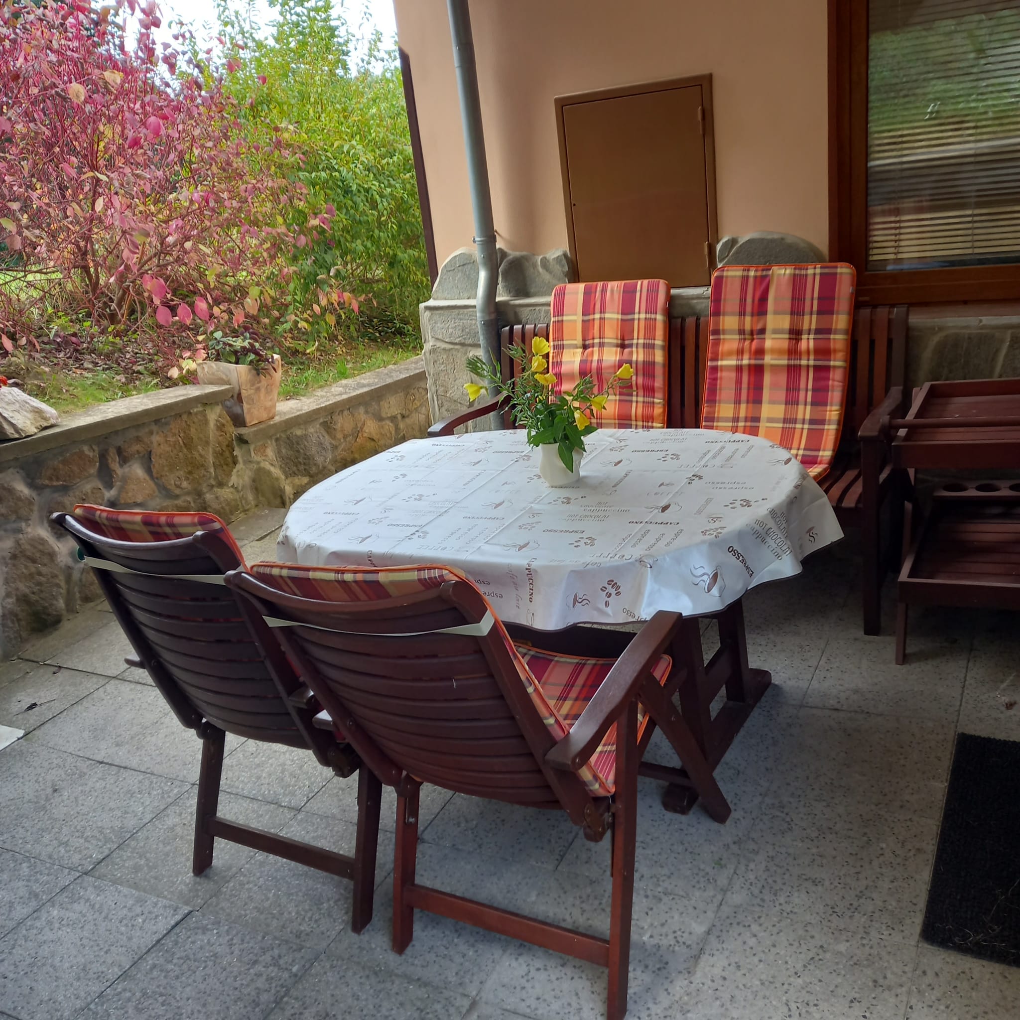 Pohled na terasu a zahradu ubytování